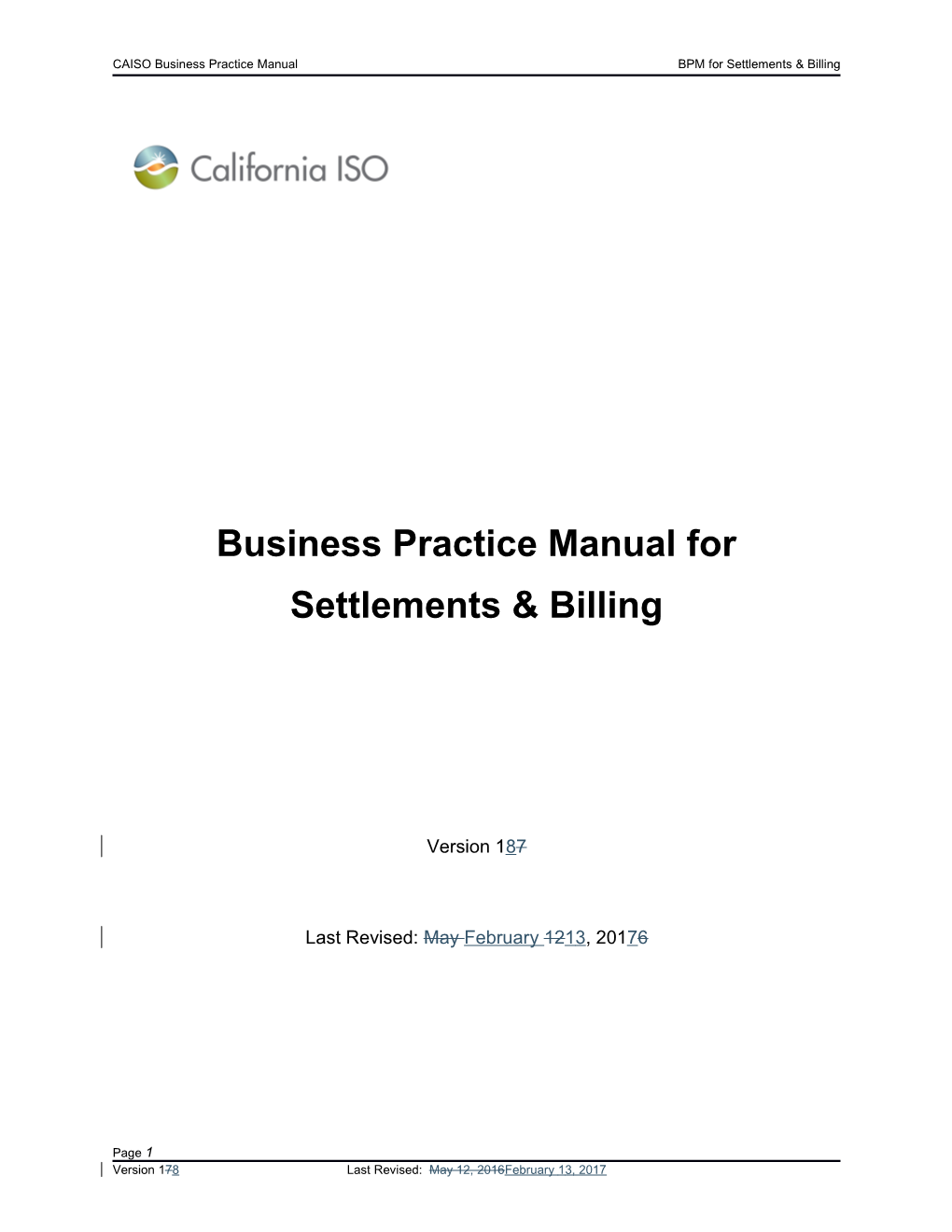 CAISO Business Practice Manualbpm for Settlements & Billing