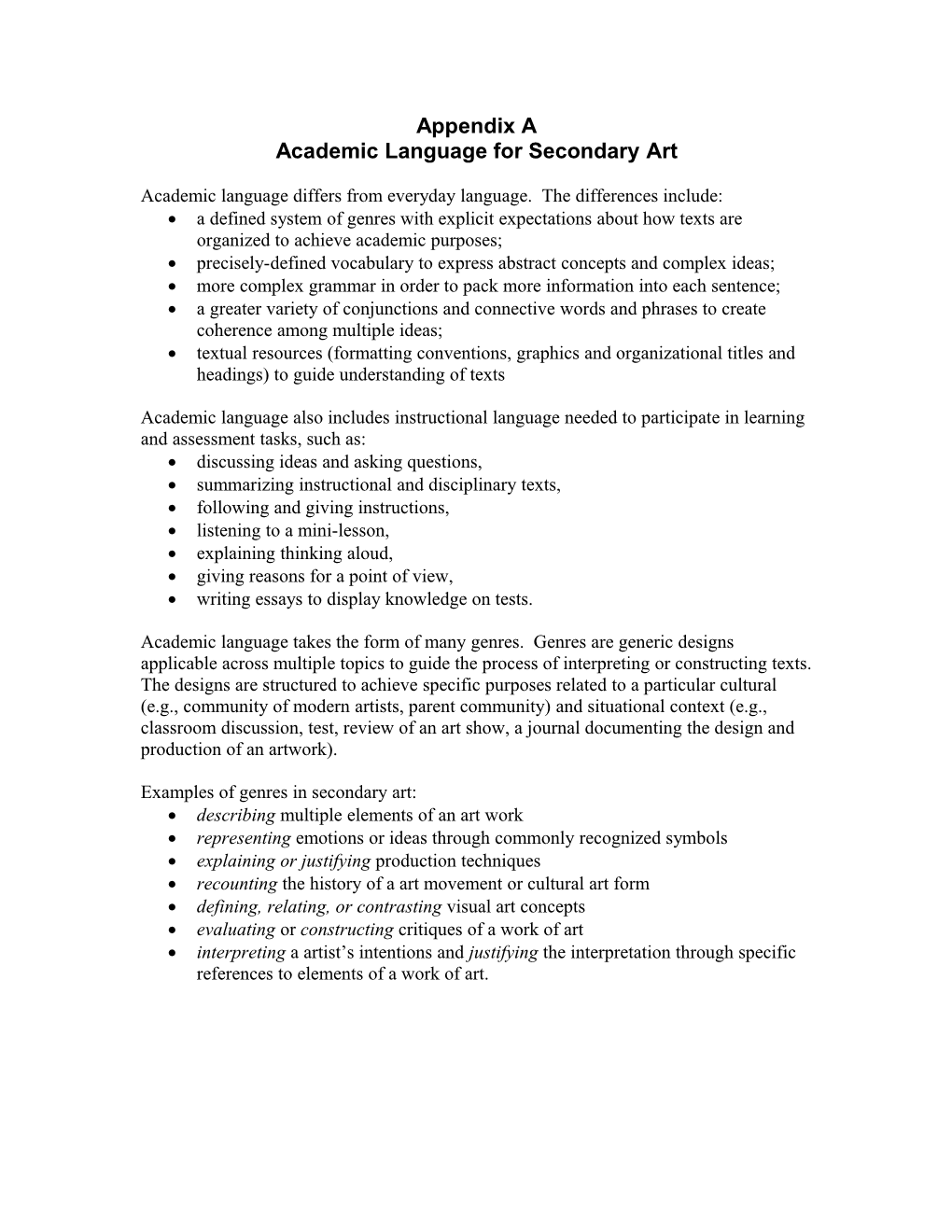 Academic Language for Secondary Art