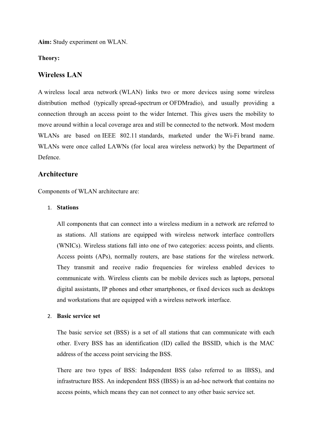 Aim: Study Experiment on WLAN