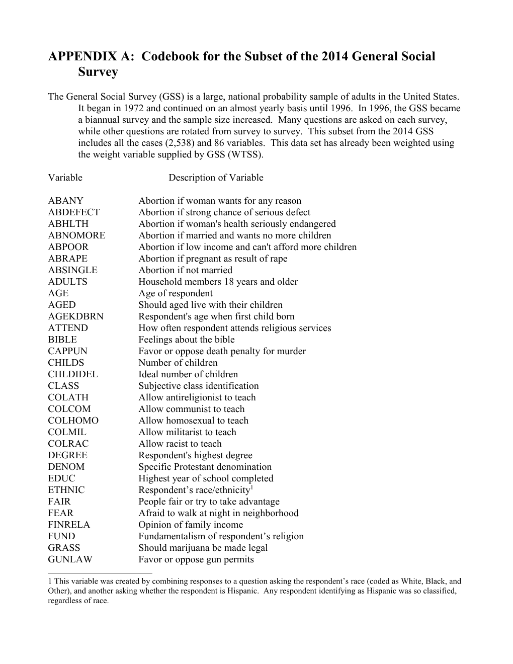 APPENDIX A: Codebook for the Subset of the 2014 General Social Survey