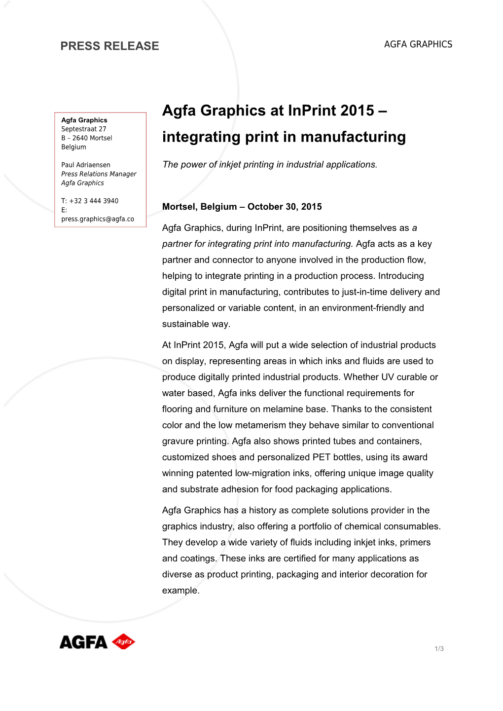 Agfa Graphicsat Inprint 2015 Integrating Print in Manufacturing