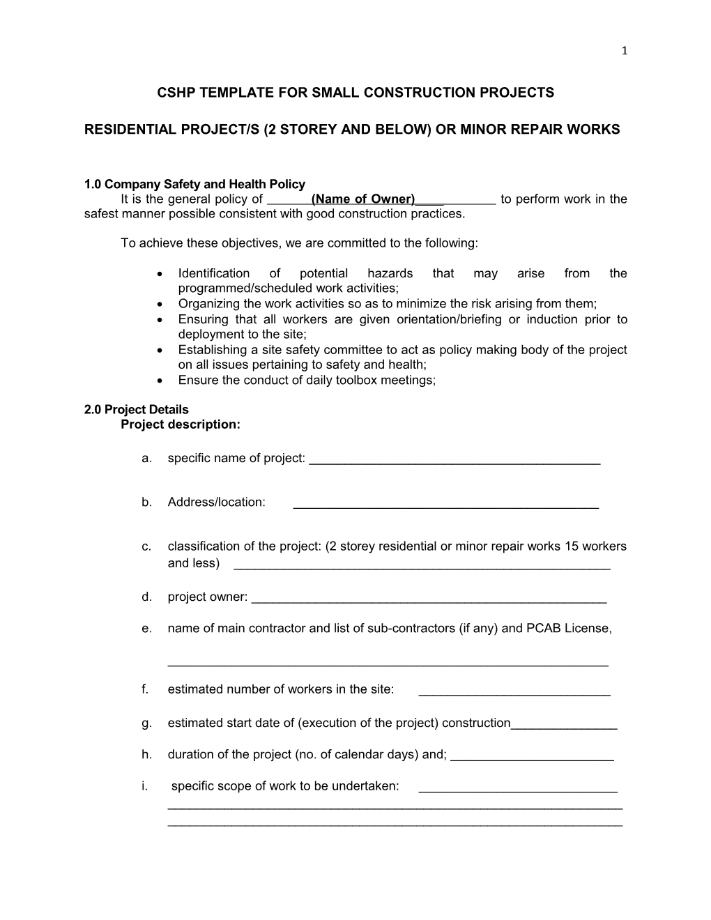 Cshp Template for Small Construction Projects