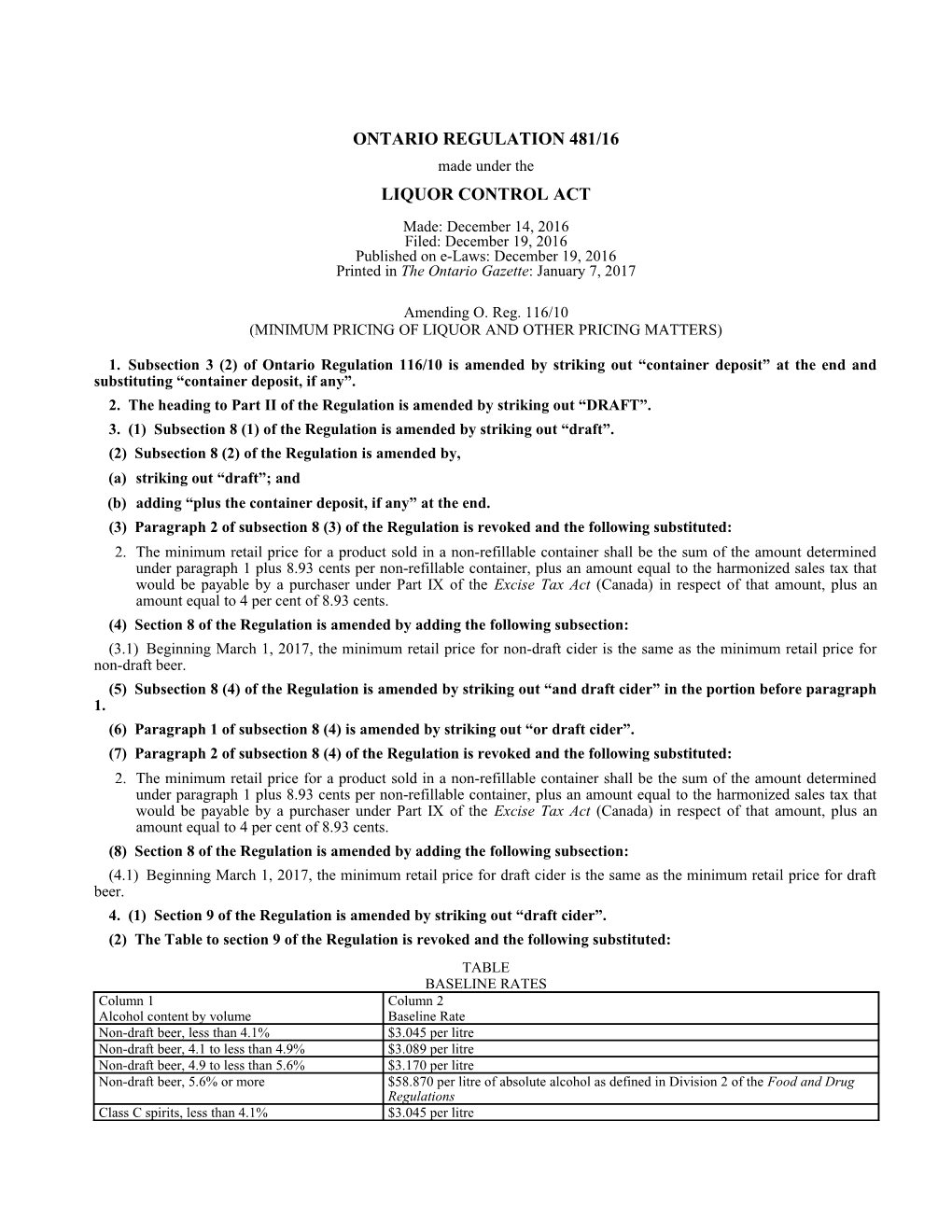 LIQUOR CONTROL ACT - O. Reg. 481/16