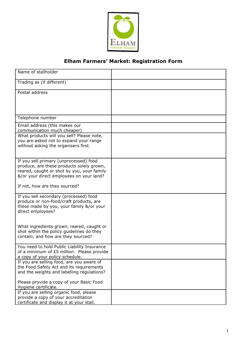 Deal Farmers Market Questionnaire and Application Form