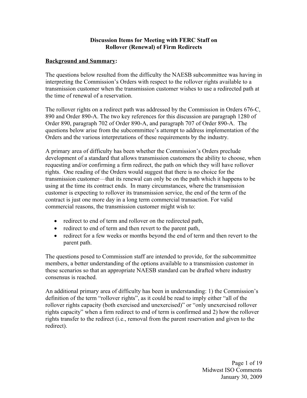 Questions/Discussion Items for Meeting with FERC Staff On