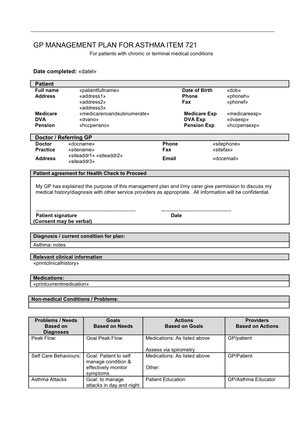 Gp Management Plan for Asthma Item 721