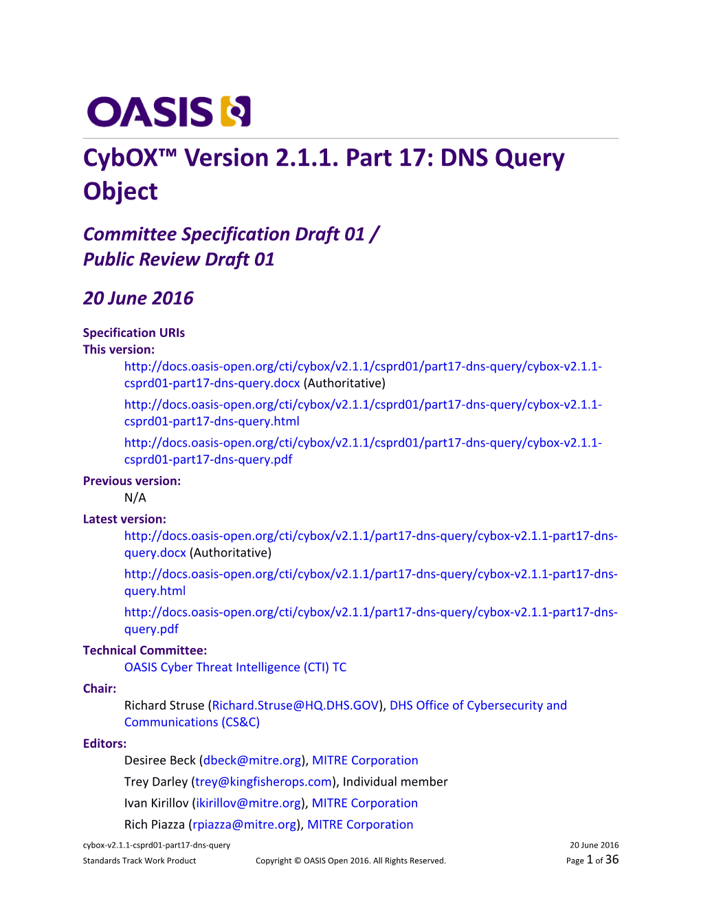 Cybox Version 2.1.1. Part 17: DNS Query Object
