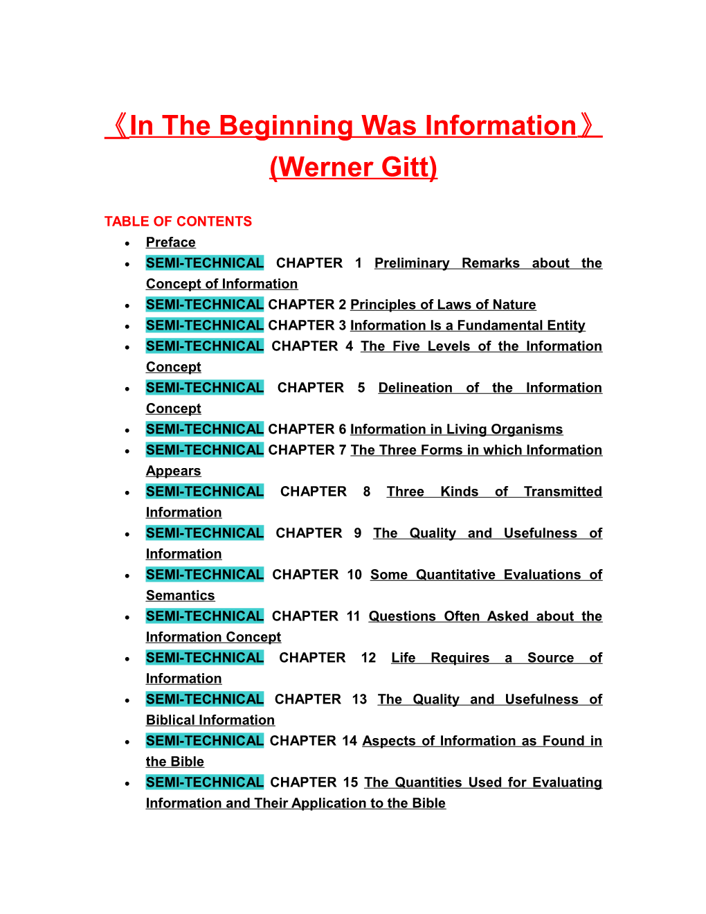 In the Beginning Was Information (Werner Gitt)