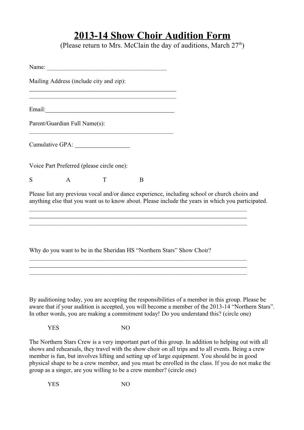 2013-14 Show Choir Audition Form