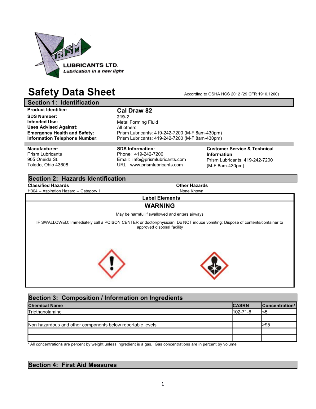 Safety Data Sheet According to OSHA HCS 2012 (29 CFR 1910.1200)