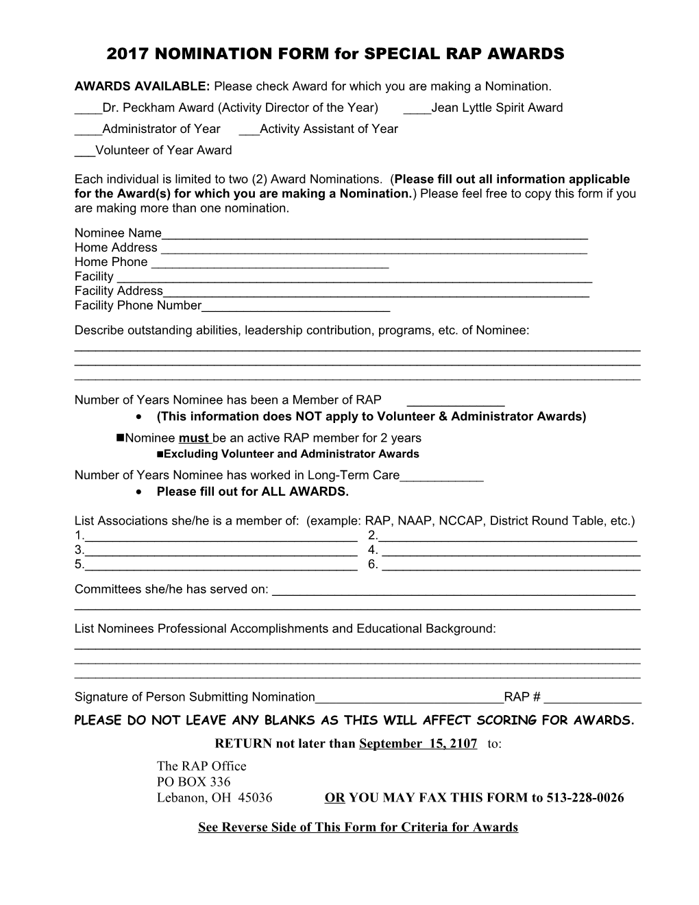 NOMINATION FORM for SPECIAL RAP AWARDS