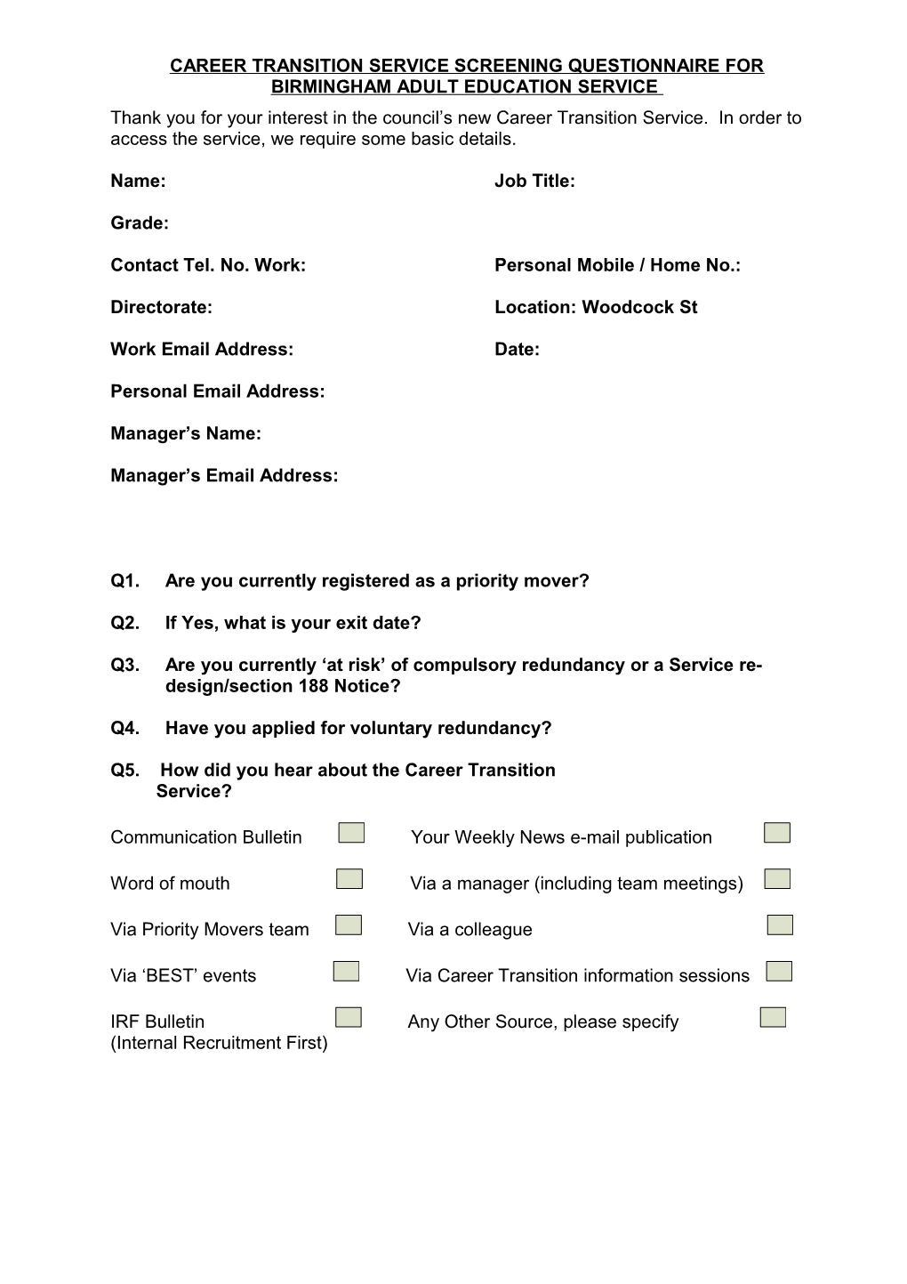 Career Transition Service Screening Questionnaire