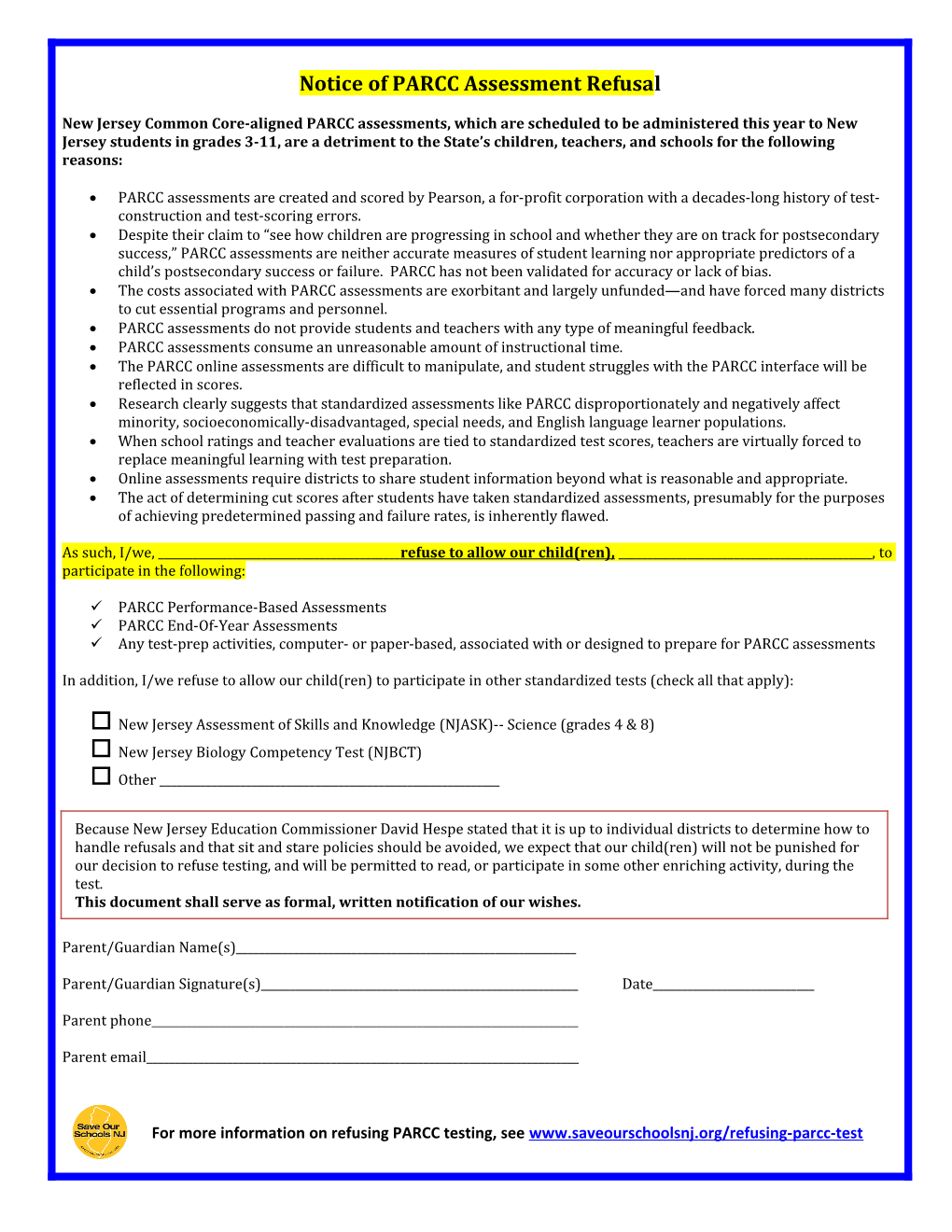 Notice of PARCC Assessment Refusal