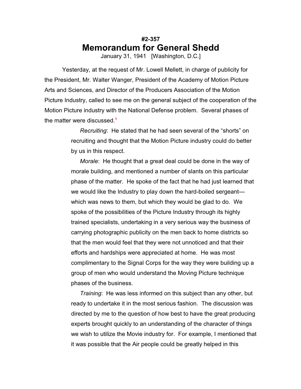 Memorandum for General Shedd