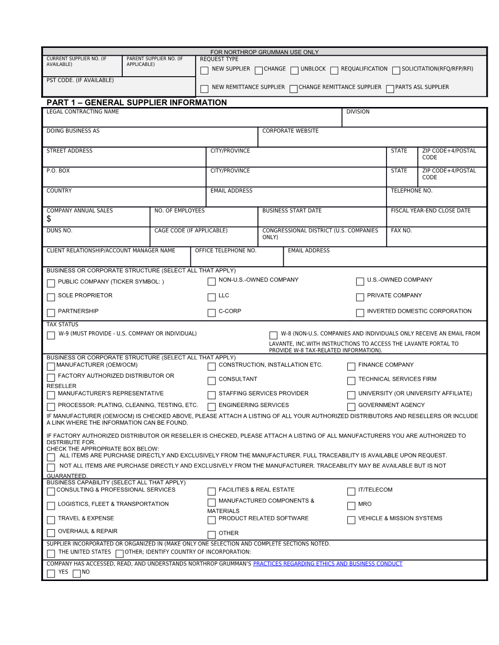 Supplier Profile Responsibility and Capability Questionnaire