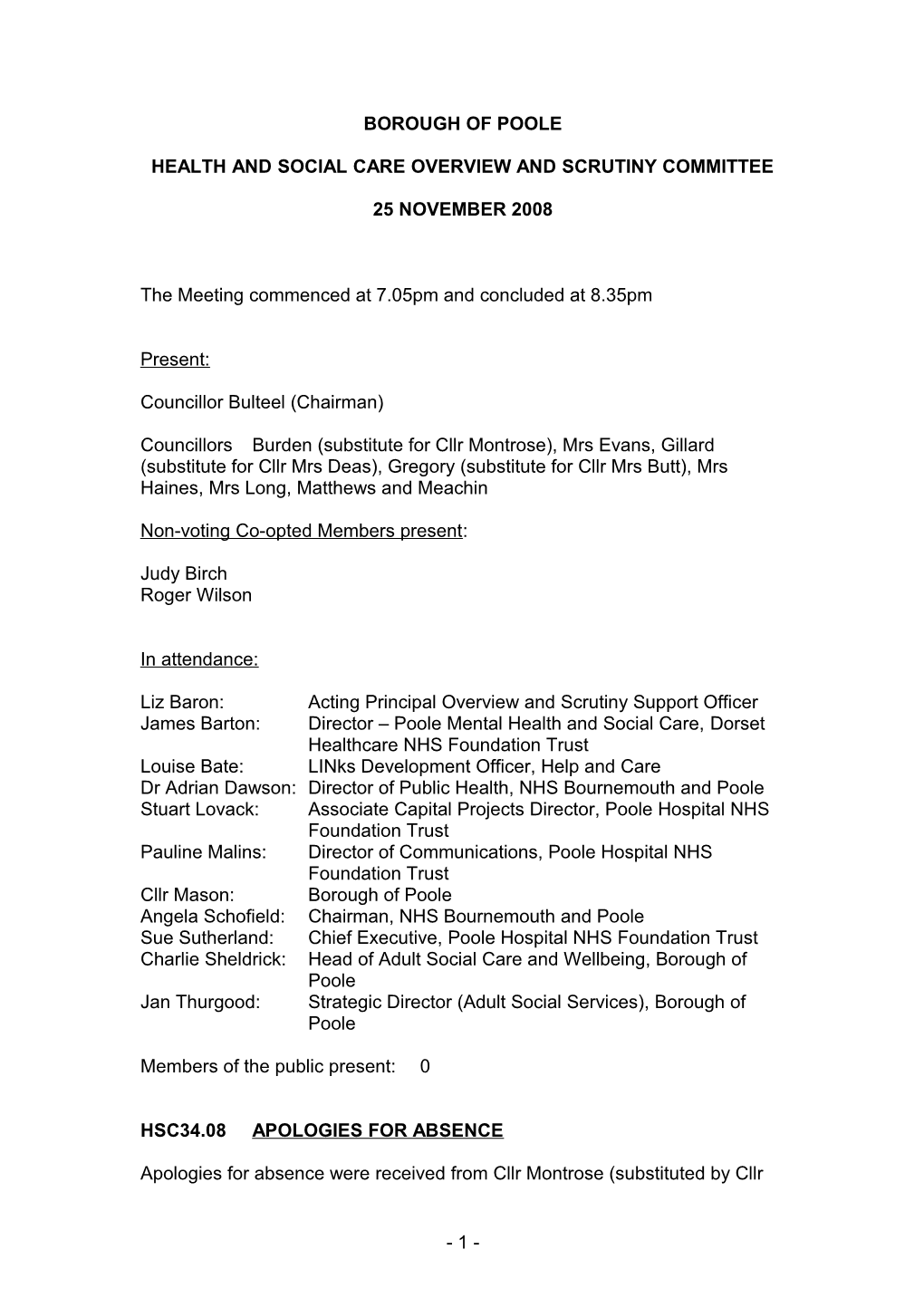 Minutes - Health and Social Care Overview and Scrutiny Committee - 25 November 2008