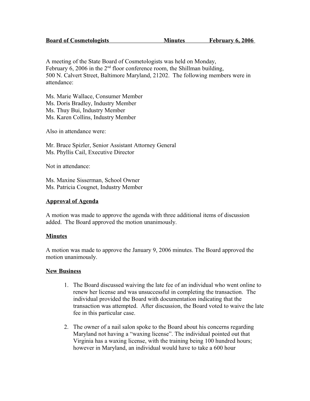 Board of Cosmetologists Minutes August 2, 2005