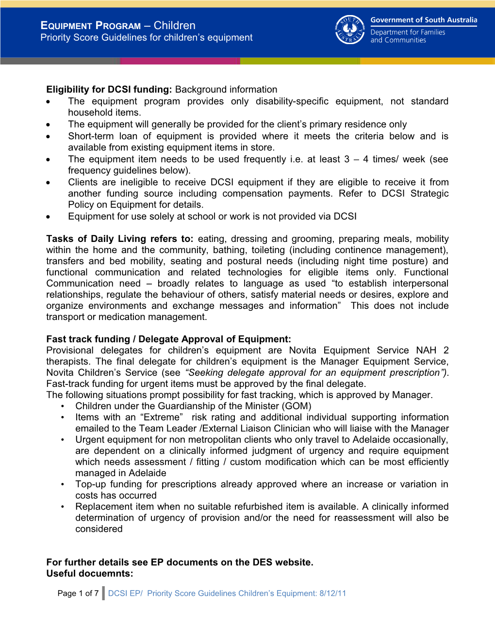 Priority Score Guidelines Children's Equipment