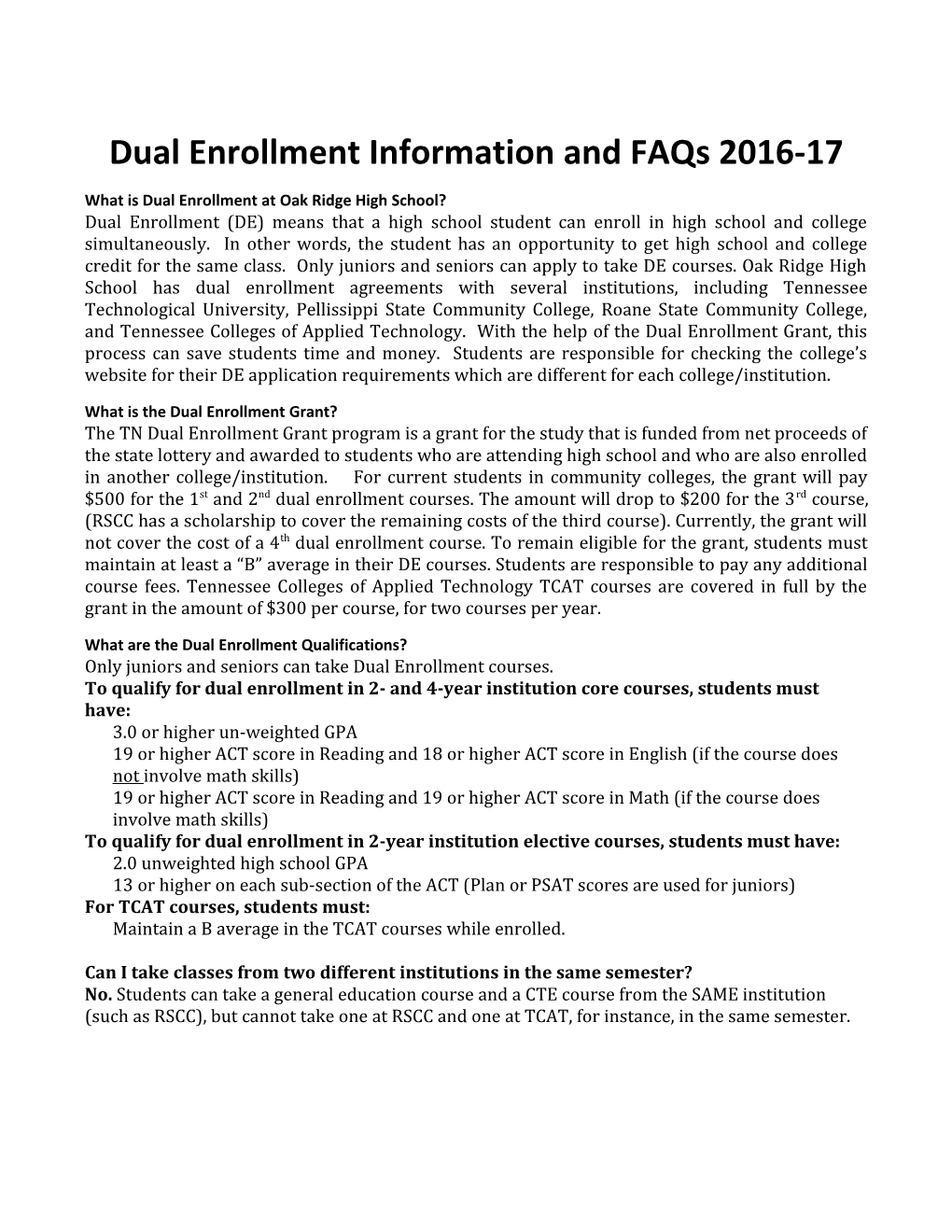 Dual Enrollment Information and Faqs 2016-17
