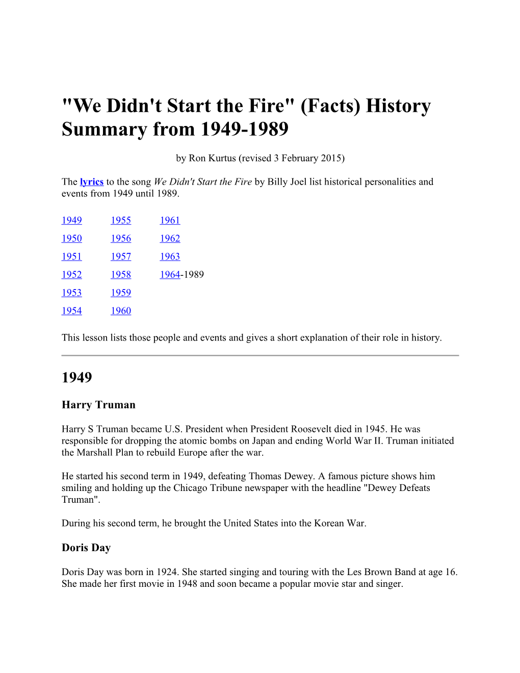 We Didn't Start the Fire (Facts) History Summary from 1949-1989