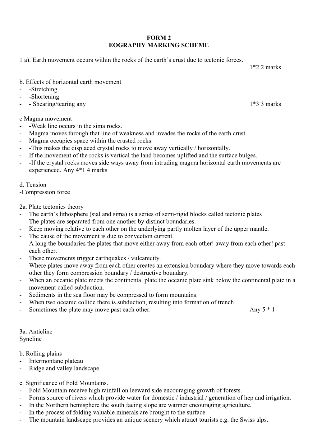 Eography Marking Scheme