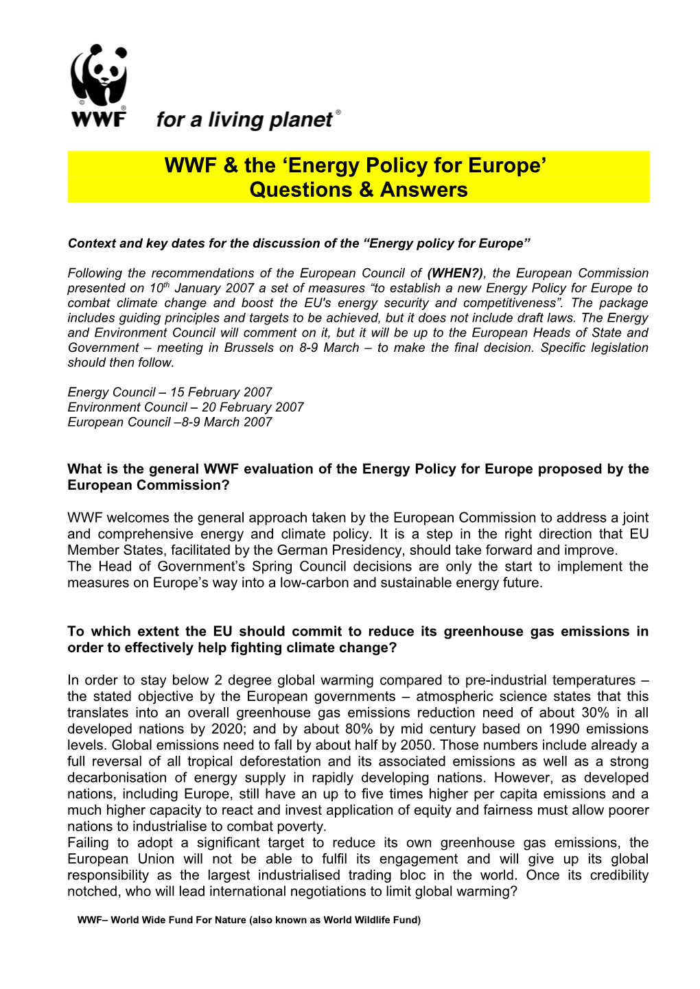WWF & the Energy Policy for Europe