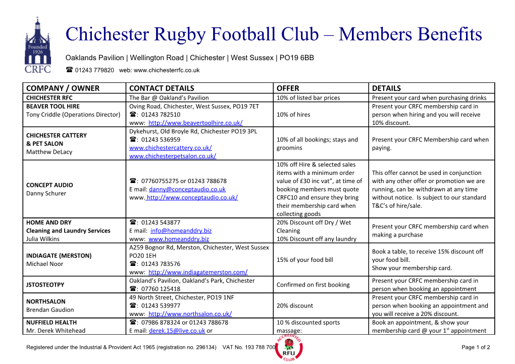 Chichester Rugby Football Club Members Benefits