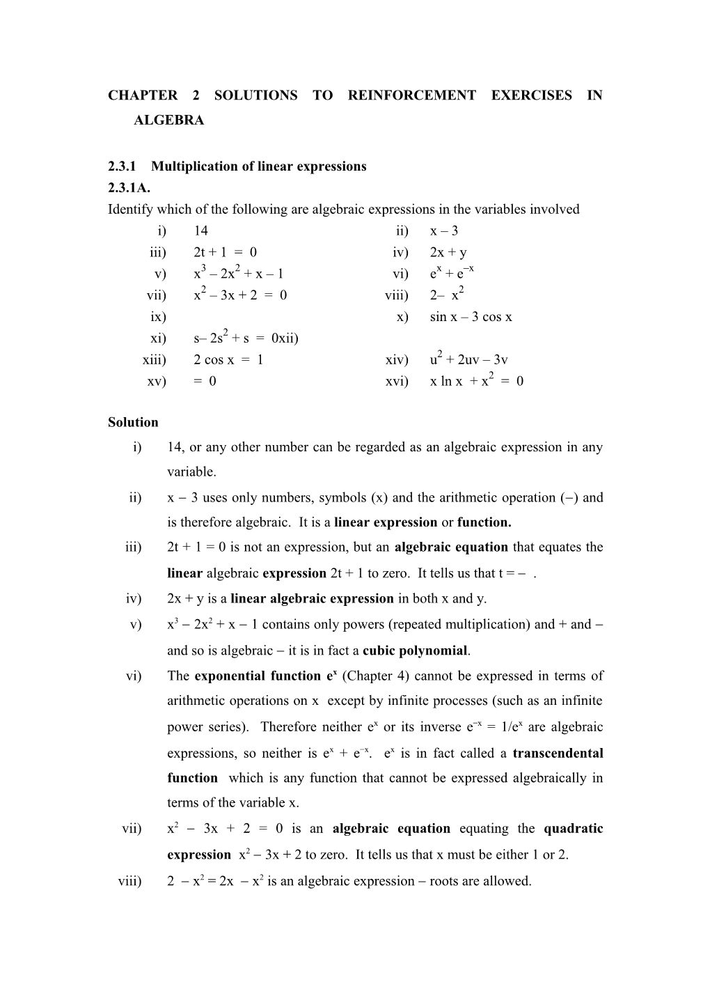Chapter 2 Solutions to Reinforcement Exercises in Algebra