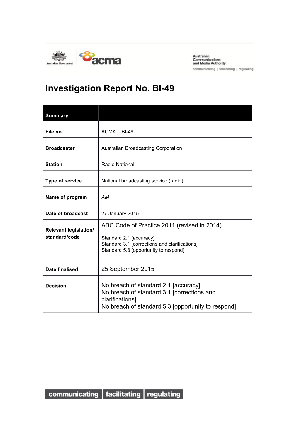 Investigation Report No. BI-49