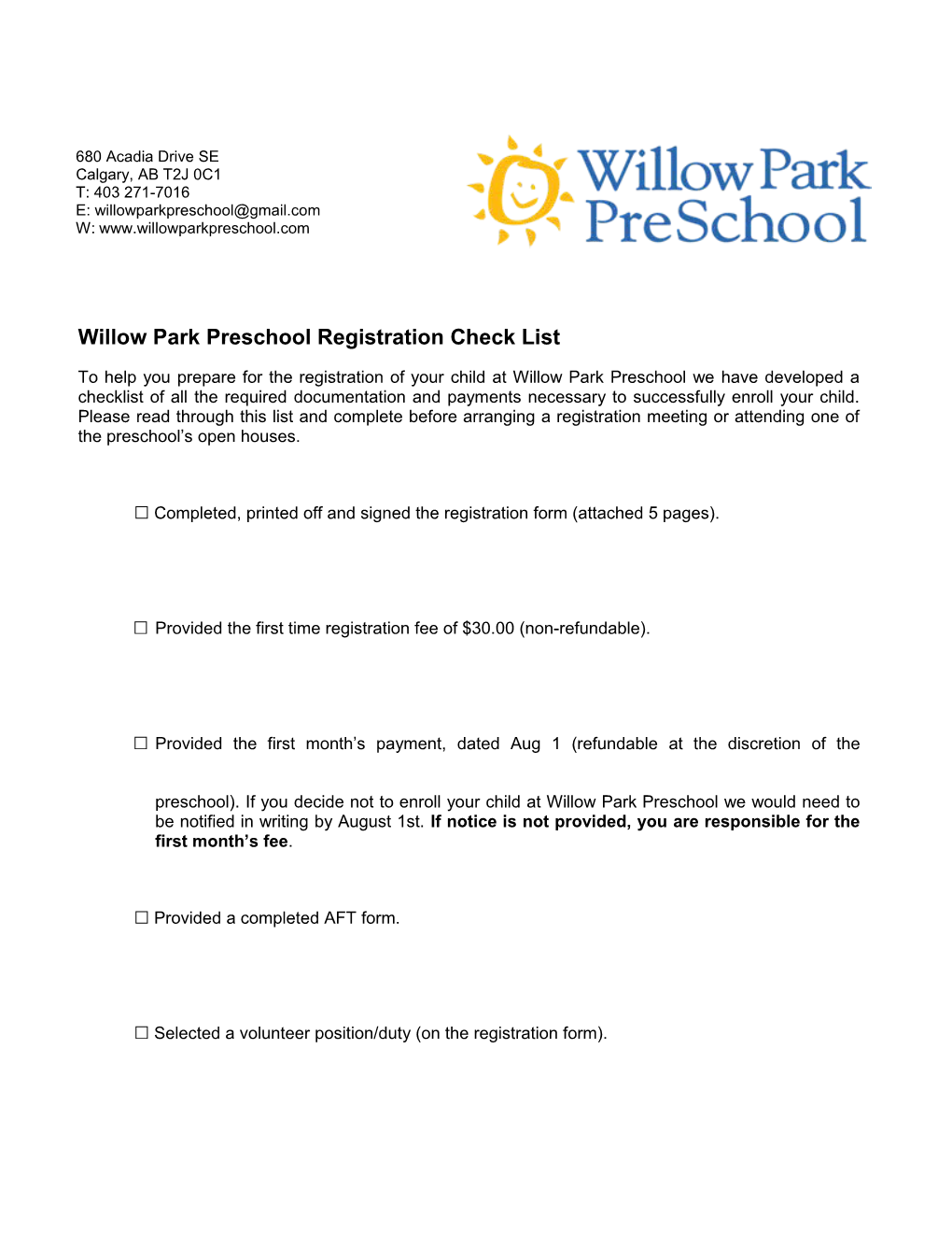 Willow Park Preschool Registration Check List