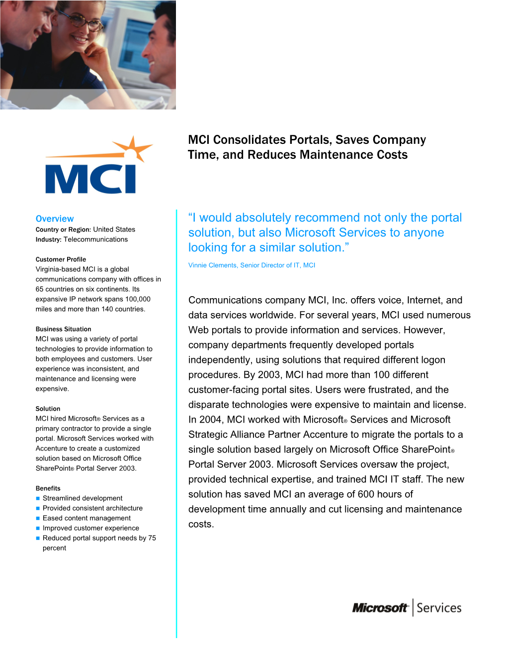 MCI Consolidates Portals, Saves Company Time, and Reduces Maintenance Costs