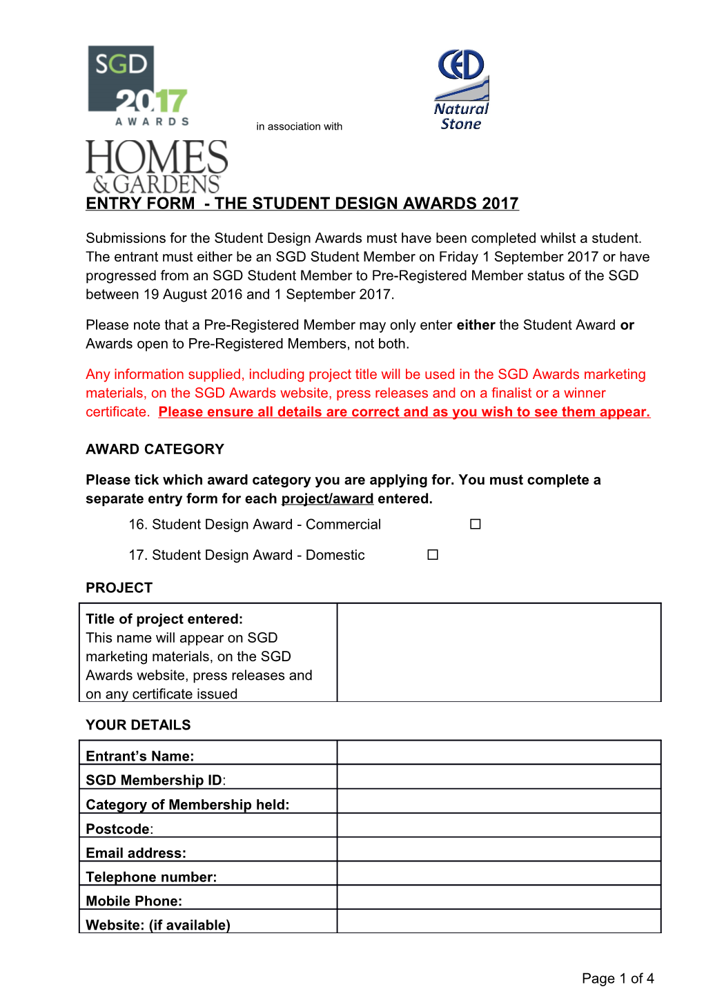 Entry Form -The Student Design Awards 2017