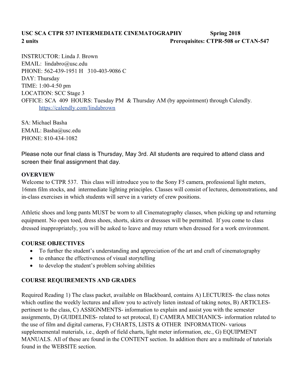 USC SCA CTPR 537 INTERMEDIATE CINEMATOGRAPHY Spring 2018
