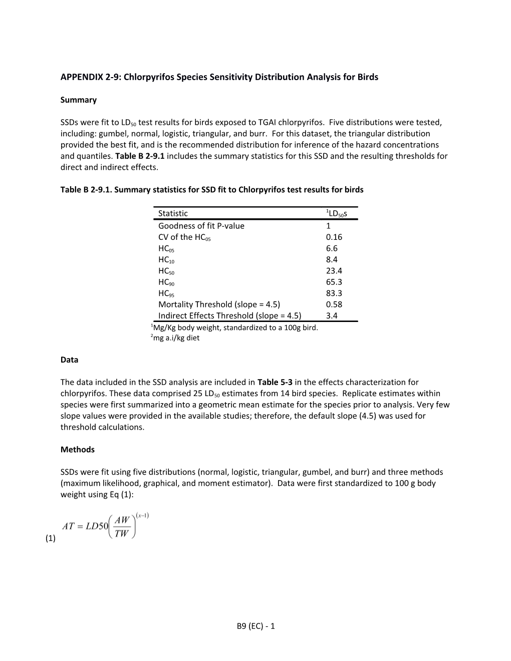 APPENDIX 2-9:Chlorpyrifos Species Sensitivity Distribution Analysis for Birds