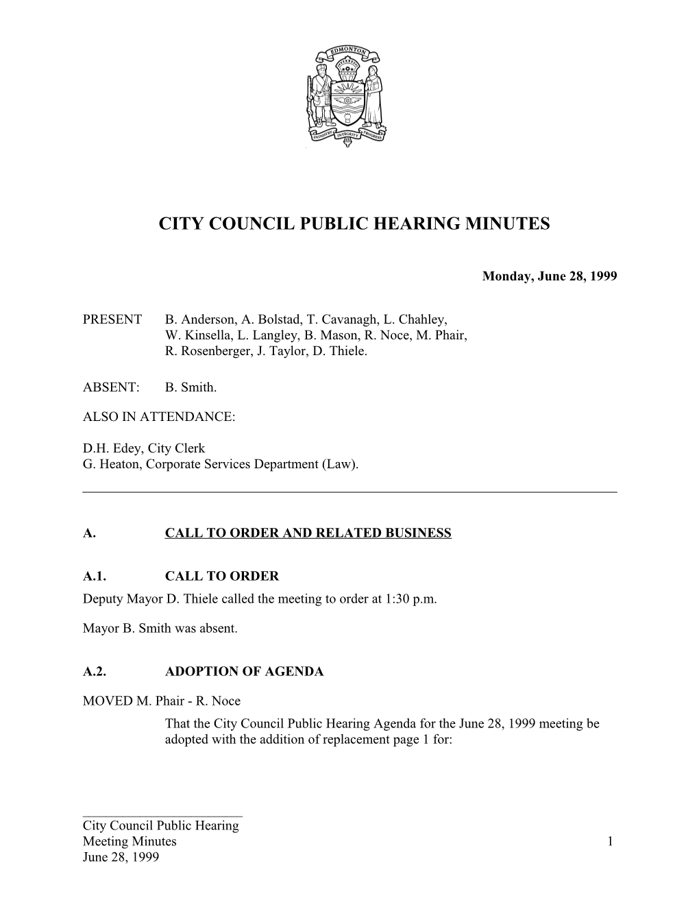 Minutes for City Council June 28, 1999 Meeting