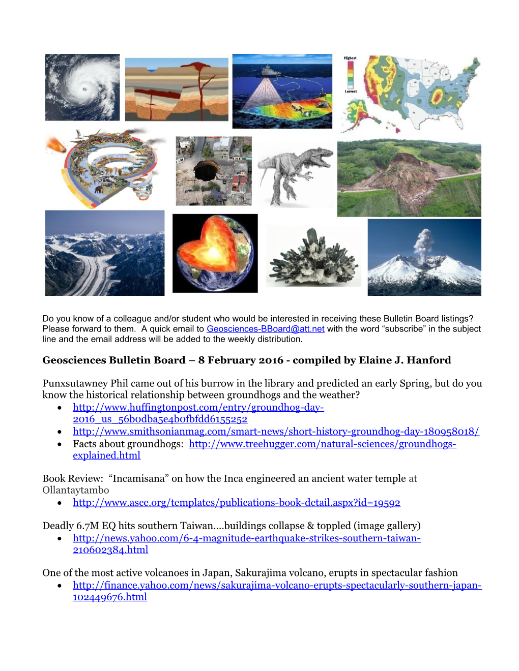 Geosciences Bulletin Board 8 February 2016- Compiled by Elaine J. Hanford