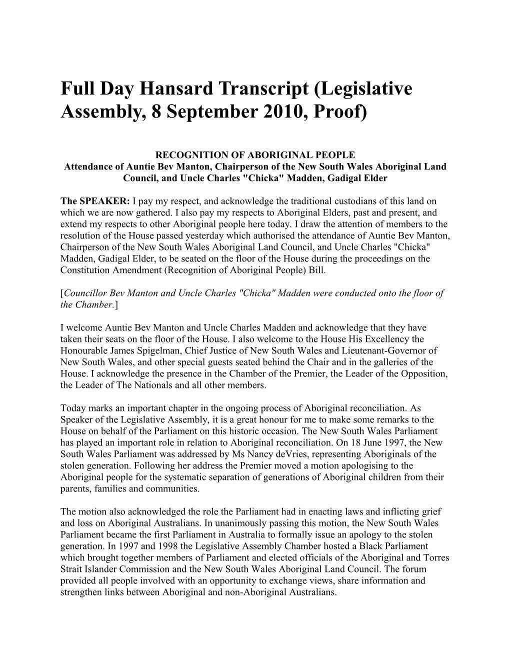Full Day Hansard Transcript (Legislative Assembly, 8 September 2010, Proof)