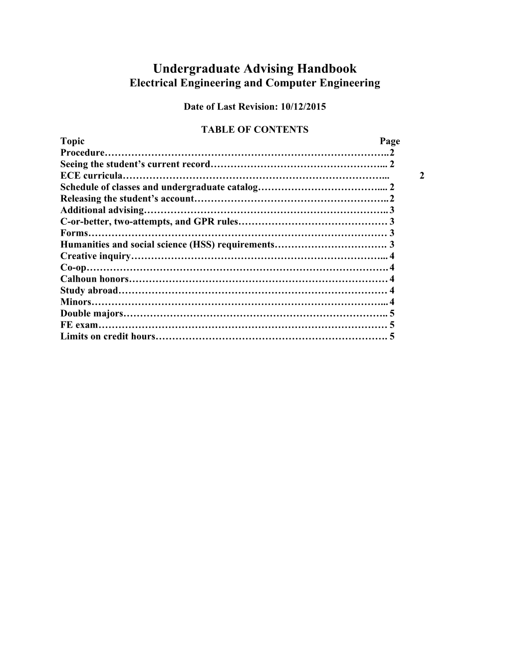 Undergraduate Advising Handbook Electrical Engineering and Computer Engineering Date Of