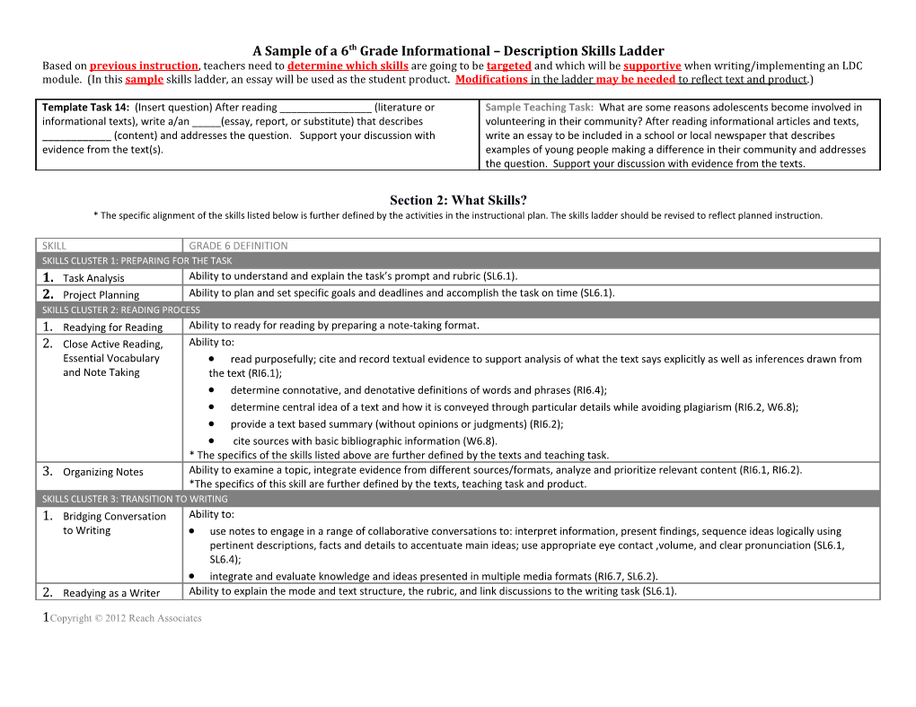 A Sample of a 6Th Grade Informational Description Skills Ladder