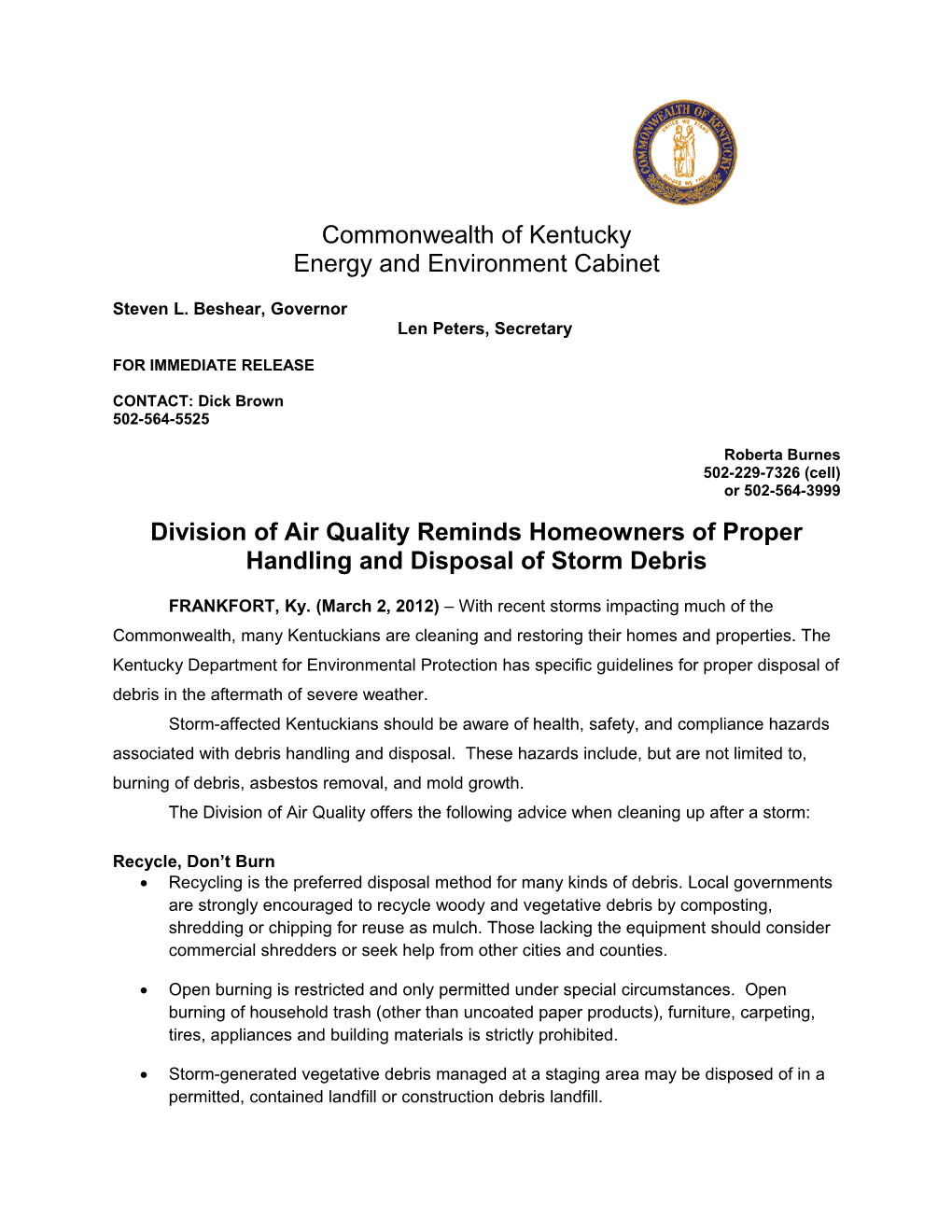 Division for Air Quality Reminds Homeowners of Proper Handling and Disposal of Storm Debris