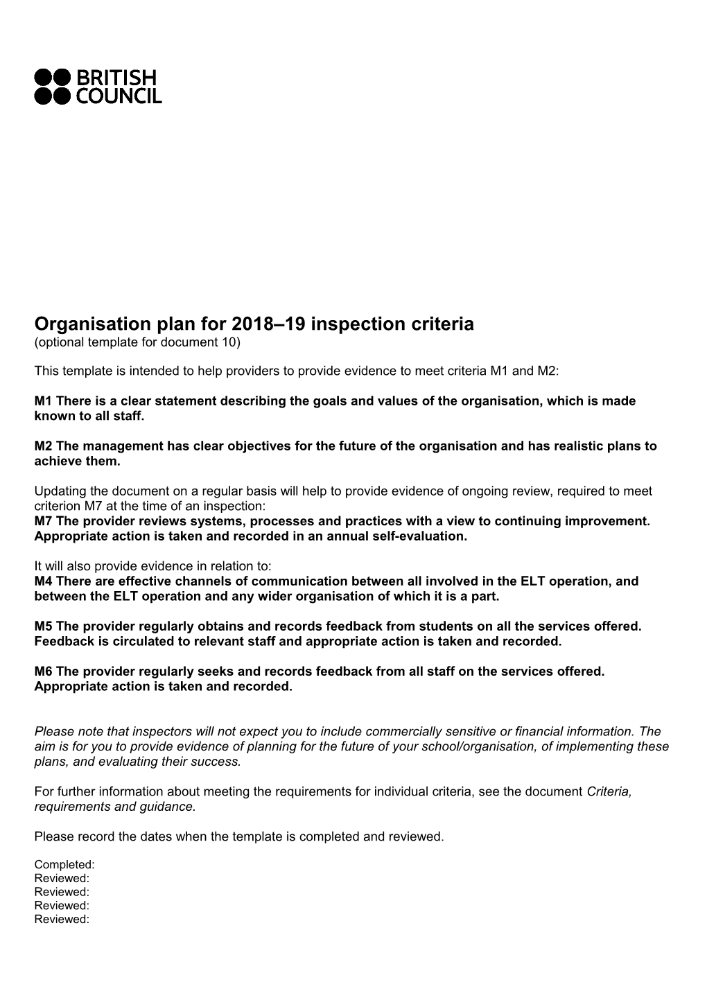 Organisation Plan for 2018 19 Inspection Criteria