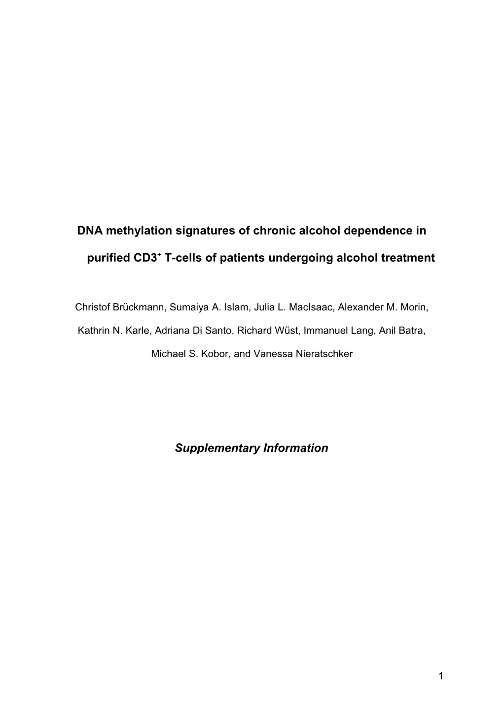 DNA Methylation Signatures of Chronic Alcohol Dependence in Purified CD3+ T-Cells of Patients