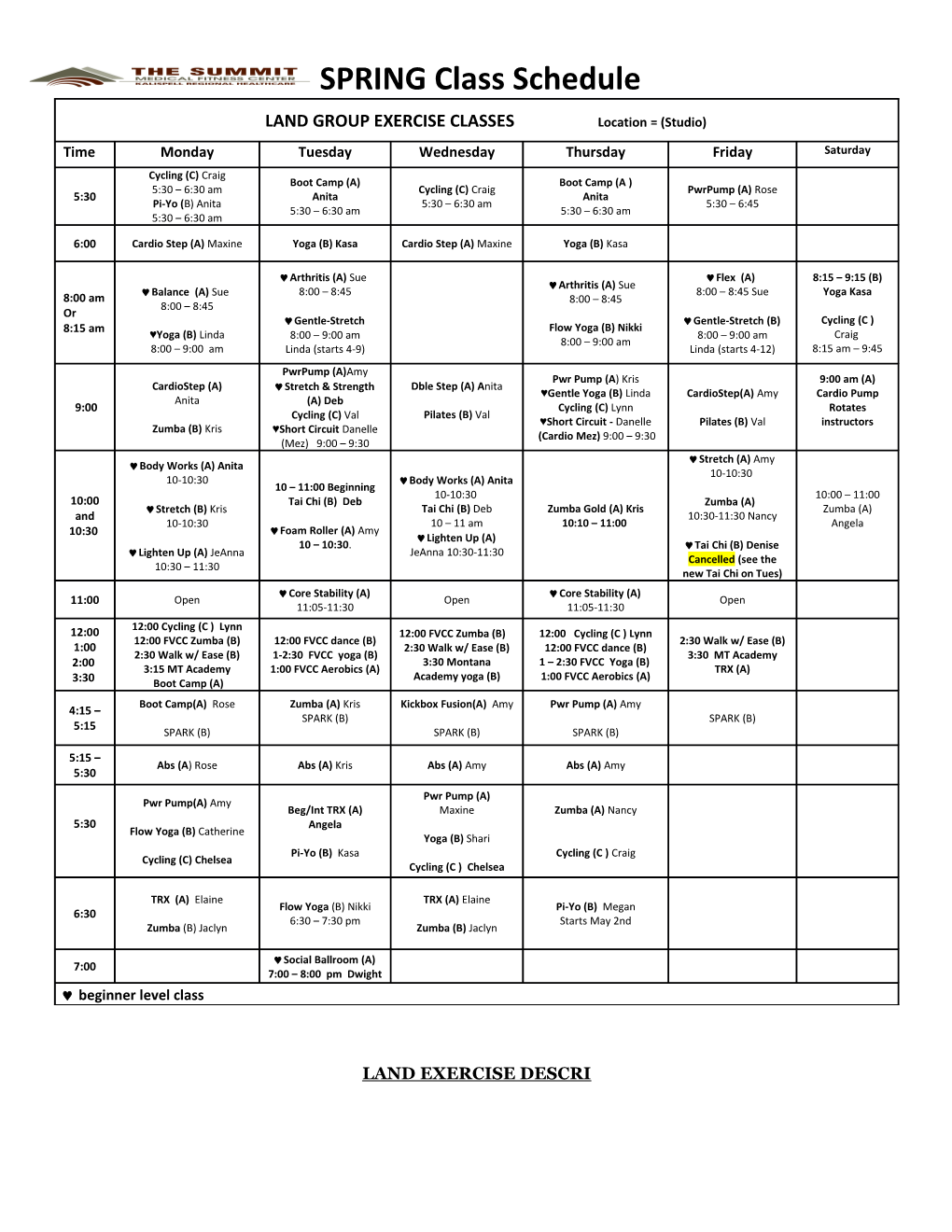 Springclass Schedule