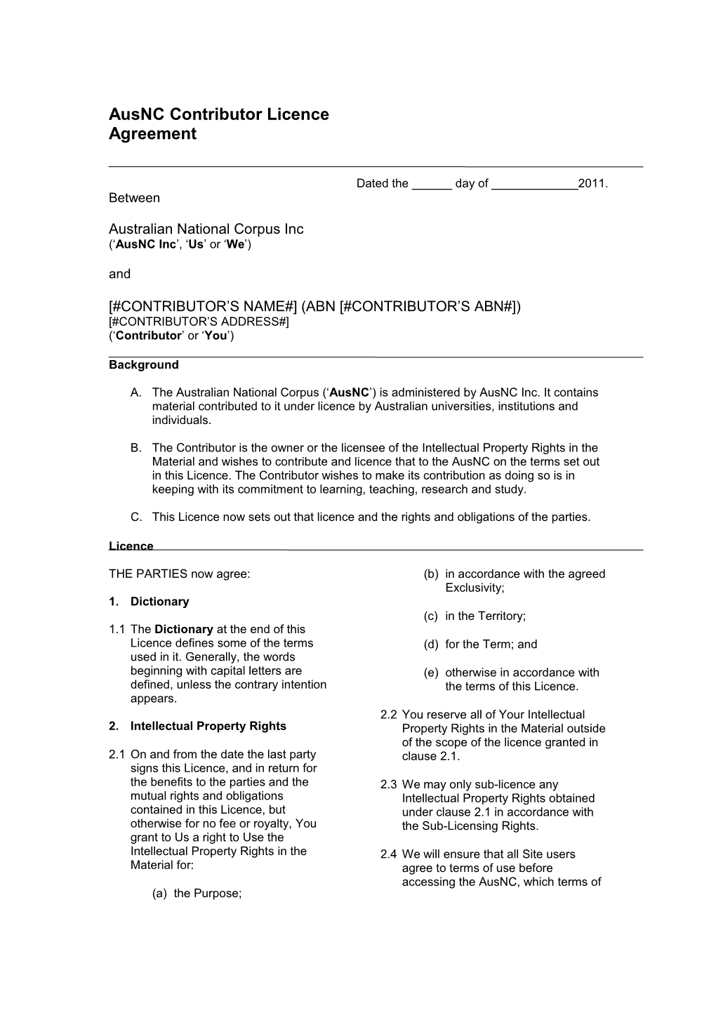 Ausnc Contributor Licence Agreement