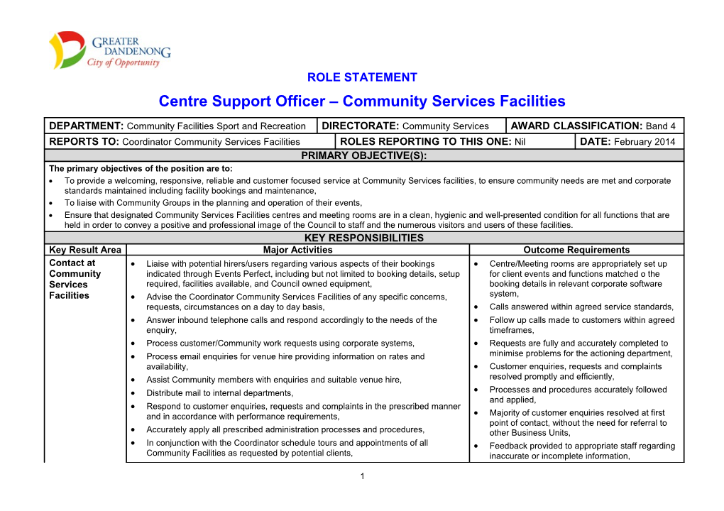 Centre Support Officer Community Services Facilities