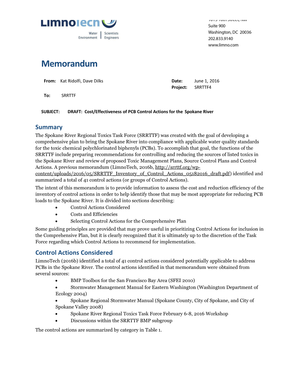 SUBJECT:DRAFT: Cost/Effectivenessofpcb Control Actionsforthespokane River