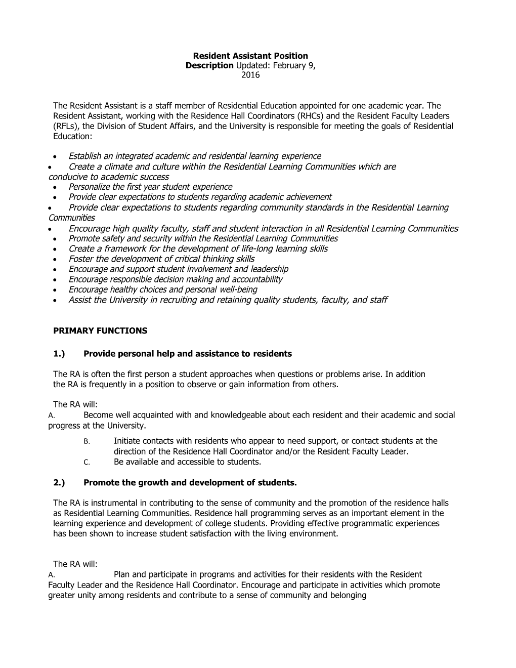 Resident Assistant Position Description