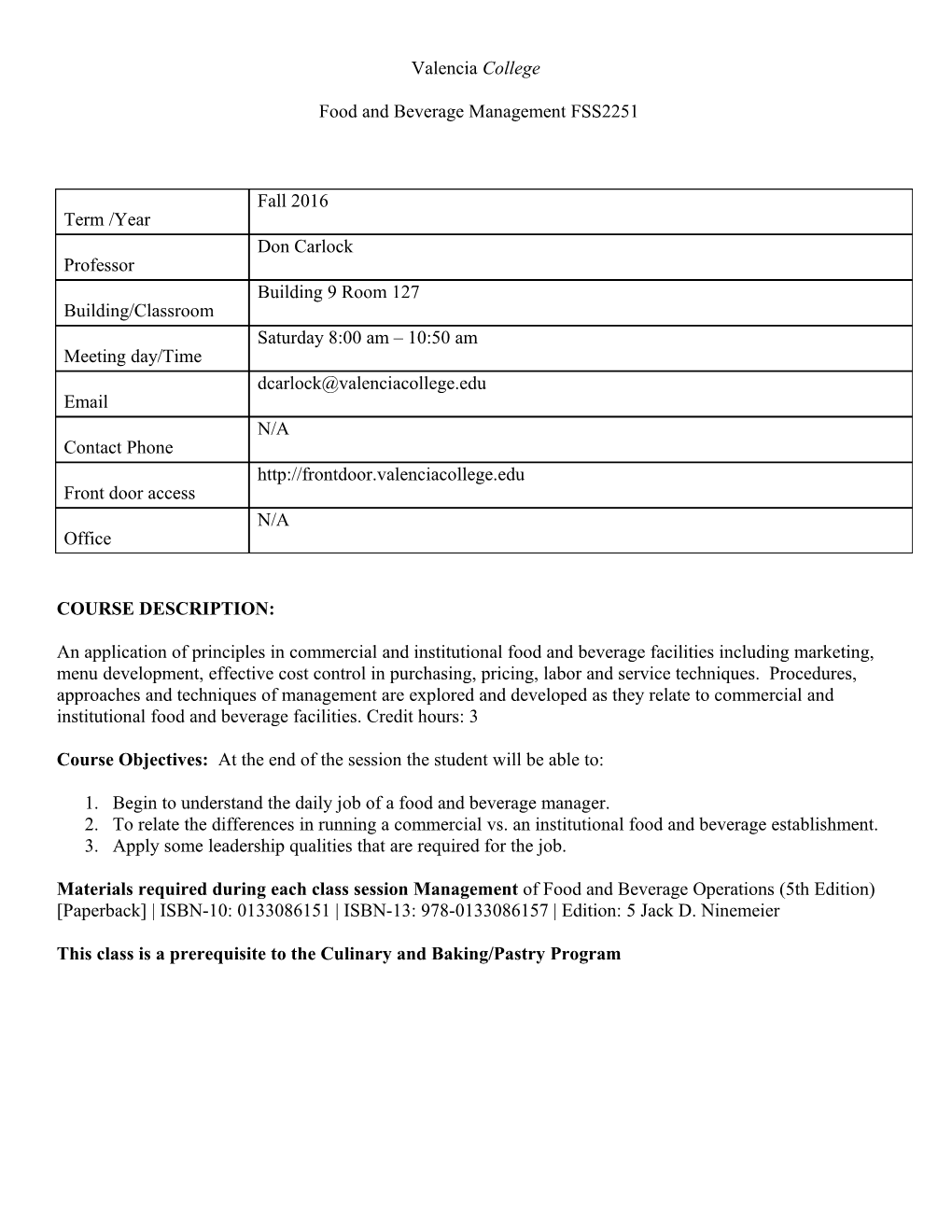 Food and Beverage Management FSS2251