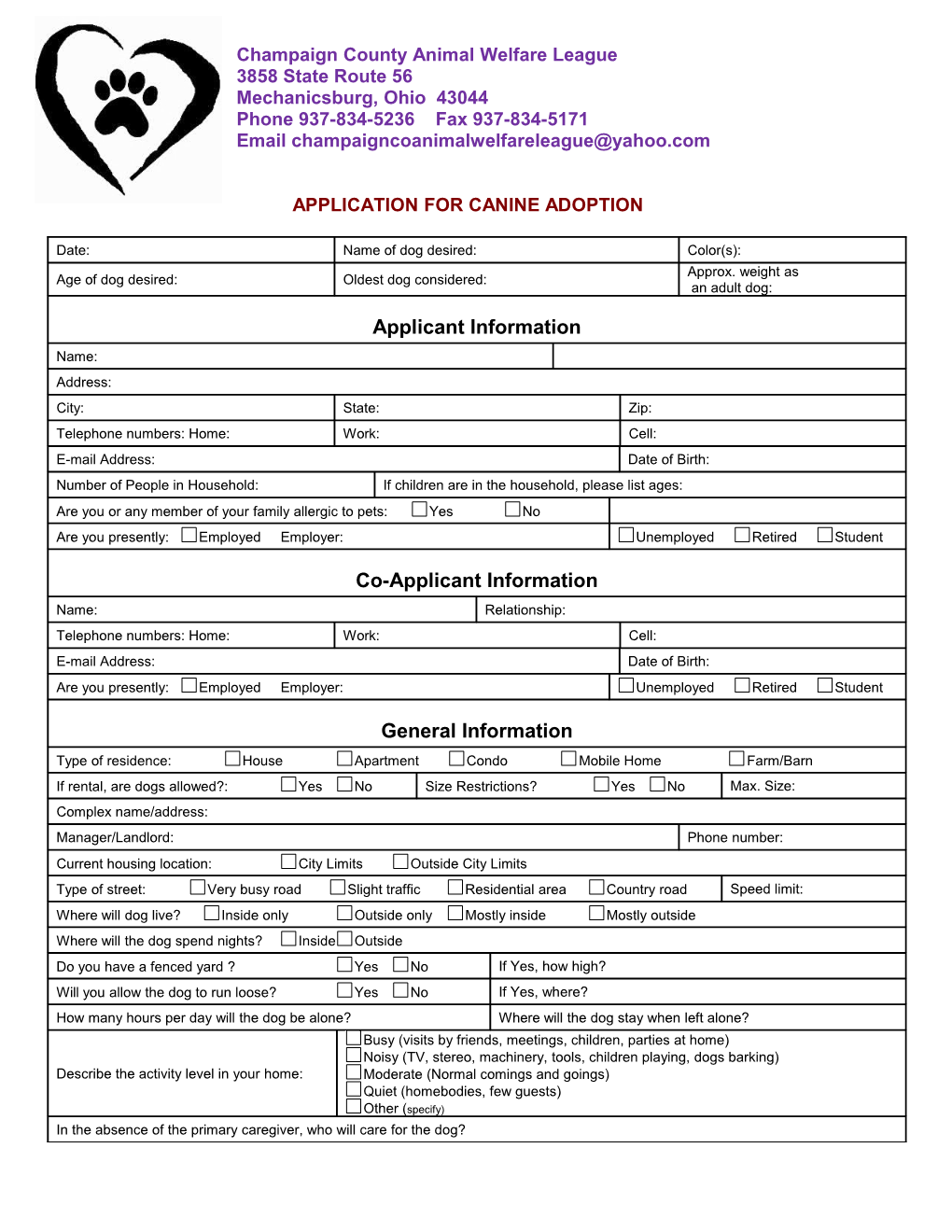 Application for Canine Adoption