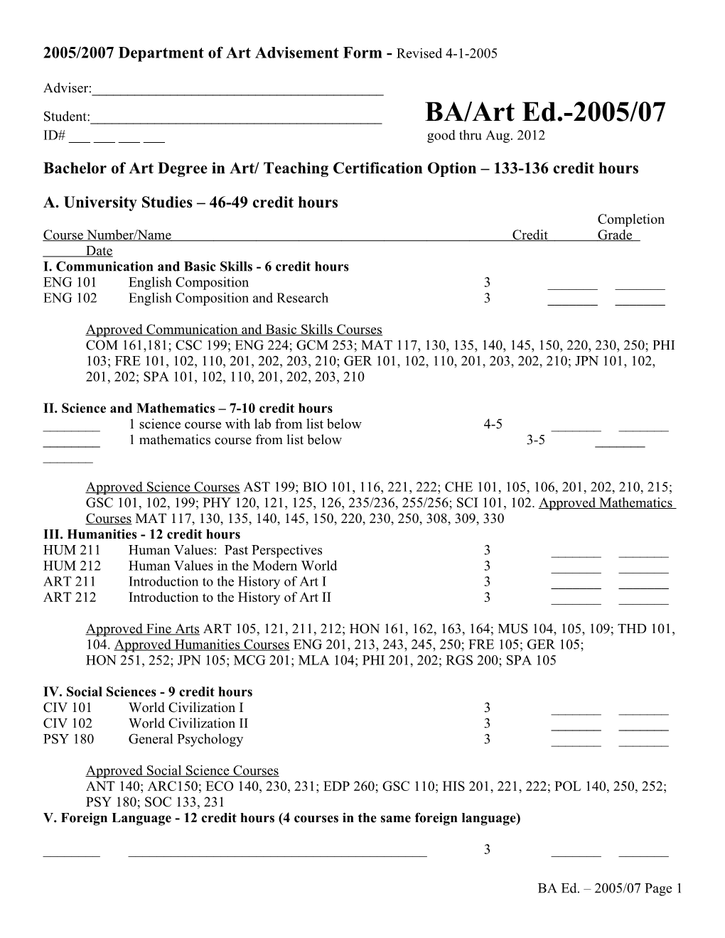 2005/2007 Department of Art Advisement Form - Revised 4-1-2005